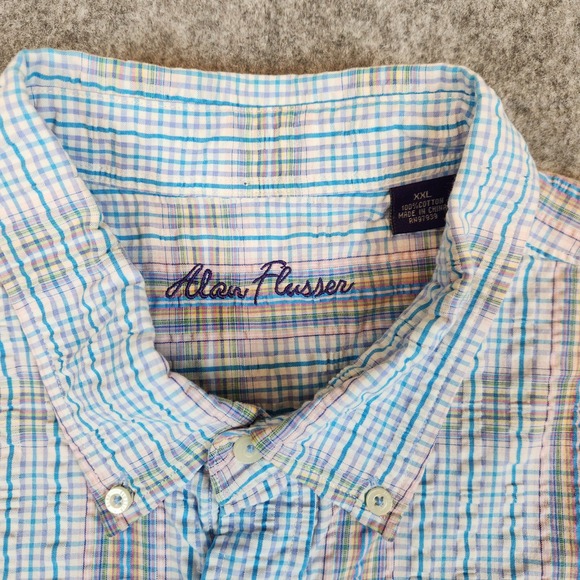 Alan Flusser Shirt Men XXL Blue Plaid Seersucker Summer Casual Short Sleeve 2XL - Picture 4 of 9